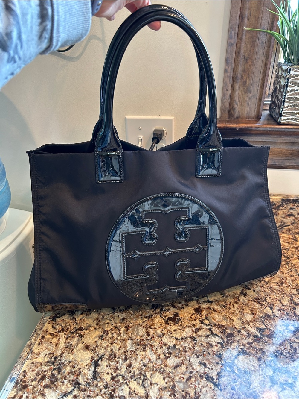 Tory Burch Black Nylon Tote with Patent Logo Detail